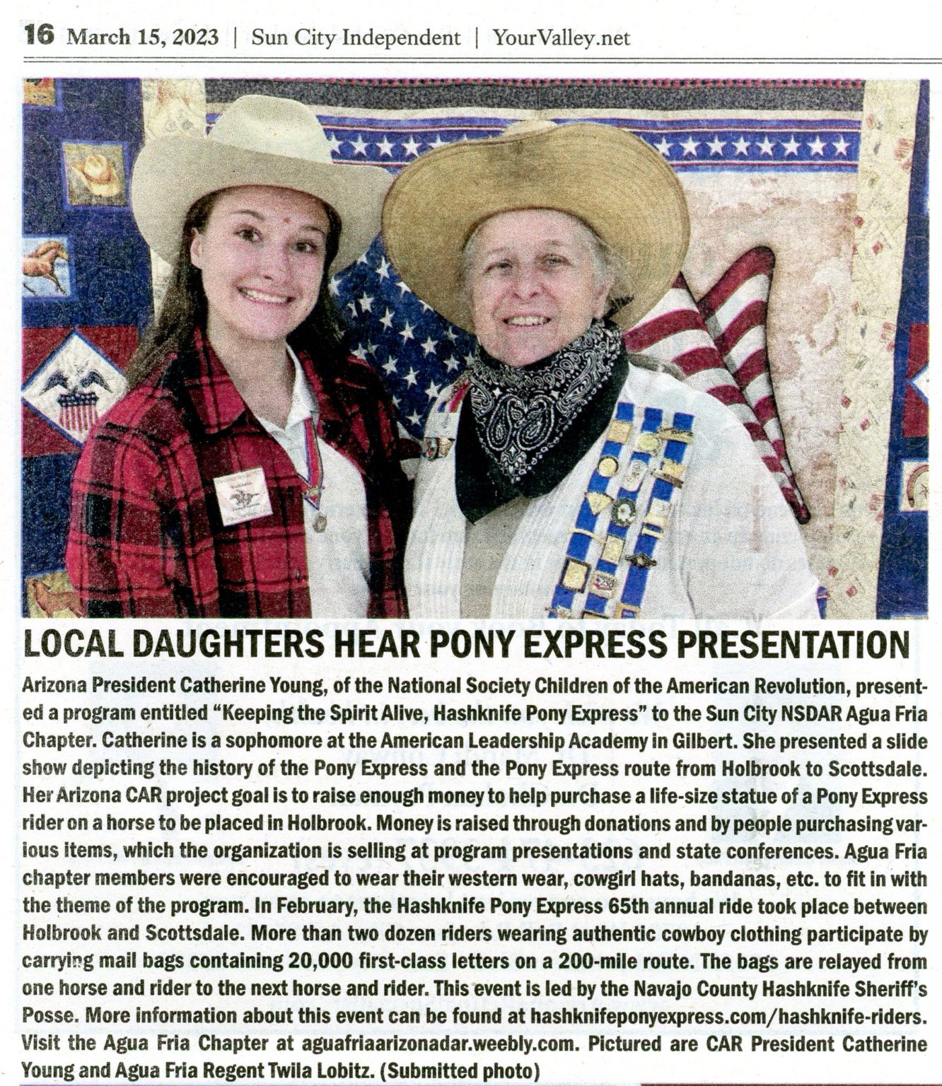 Newspaper Article. Local Daughters Hear Pony Express Presentation