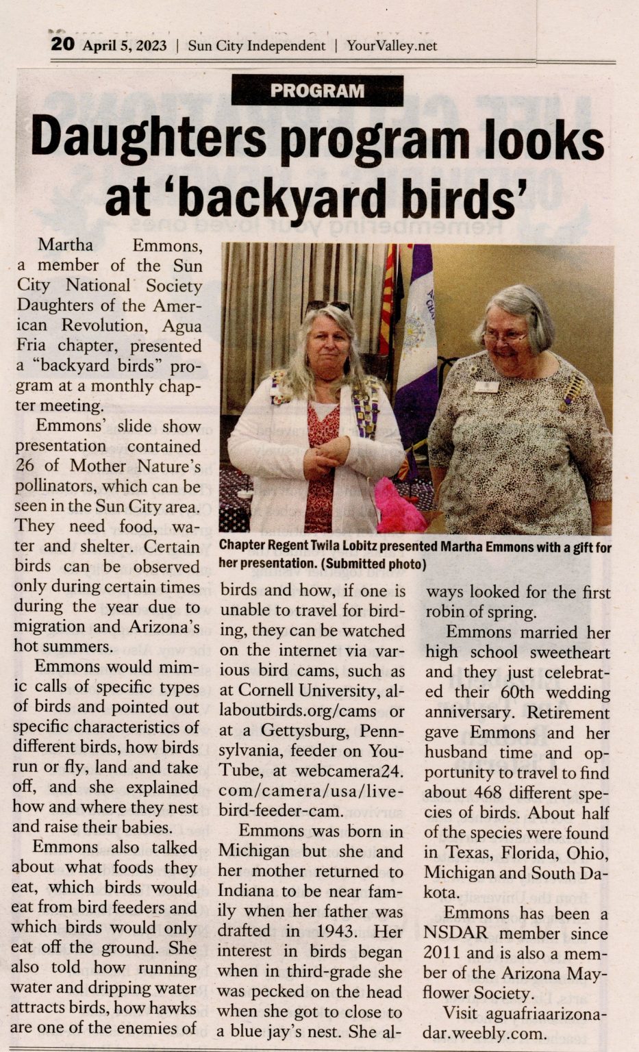 Newspaper Article. Daughters program looks at Backyard Birds