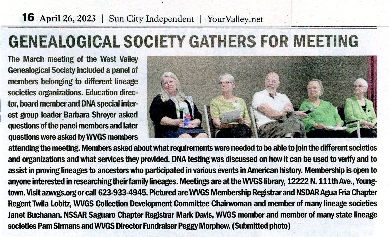 Newspaper Article. WVGS Genealogical Lineage Societies Panel