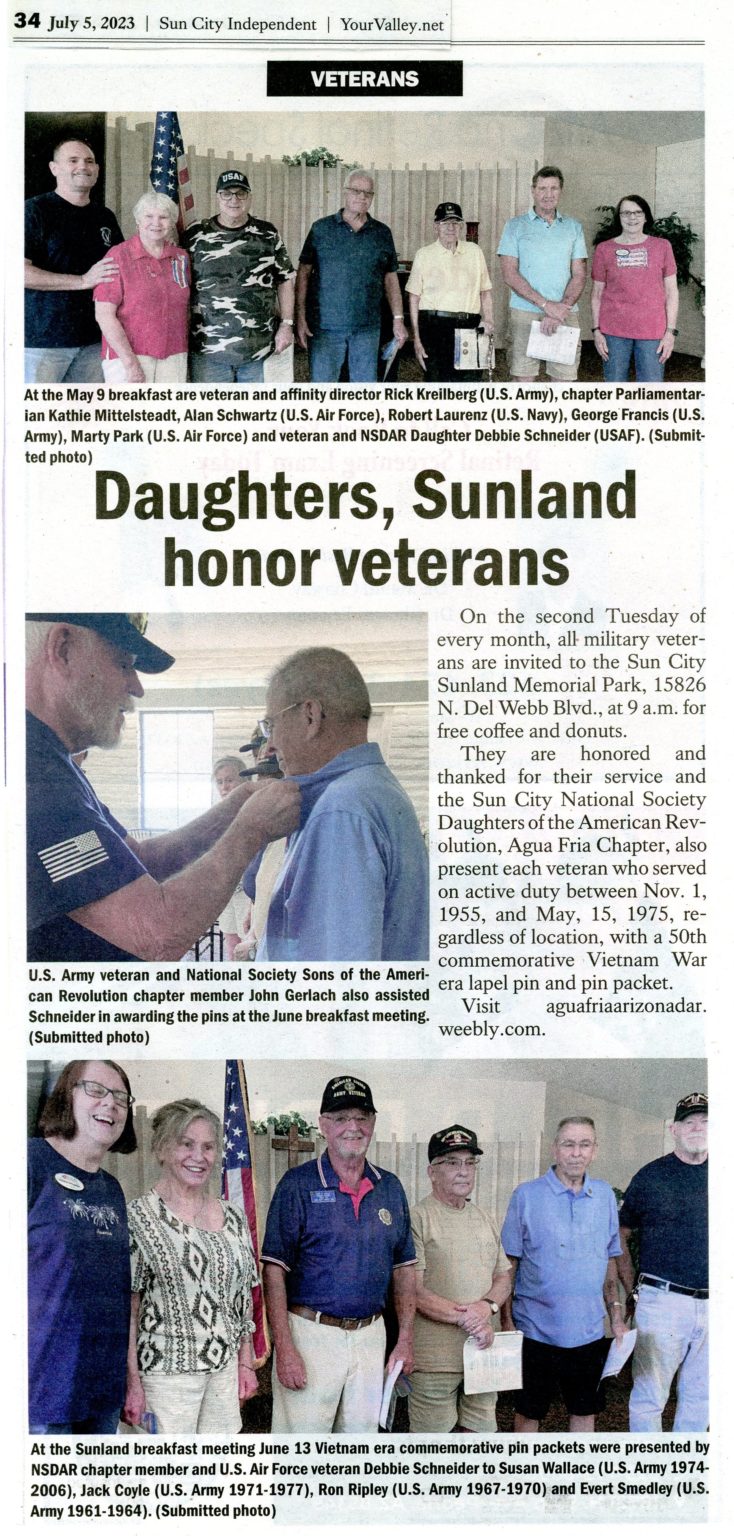 Newspaper Article. Agua Fria Daughters & Sunland Honor Veterans
