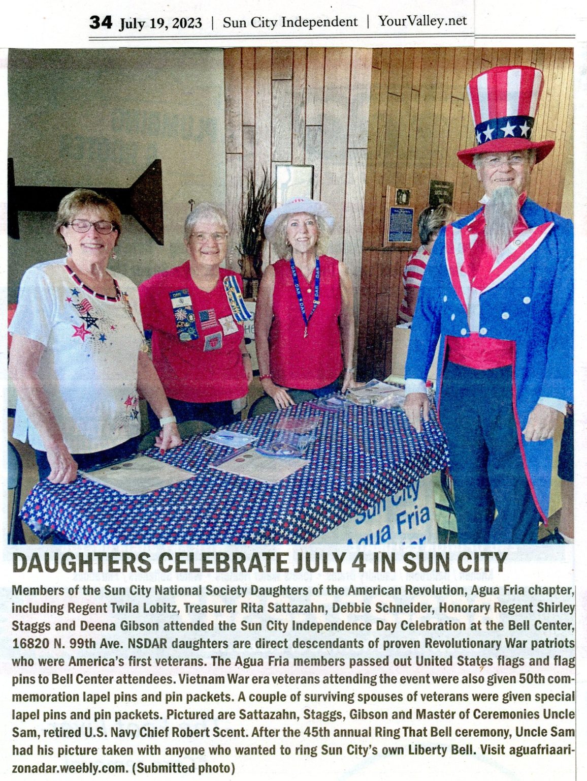 Newspaper Article. Daughters Celebrate July 4 in Sun City