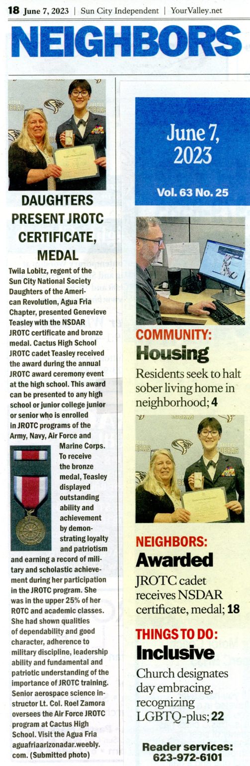 Newspaper Article. JROTC Cactus Cadet
